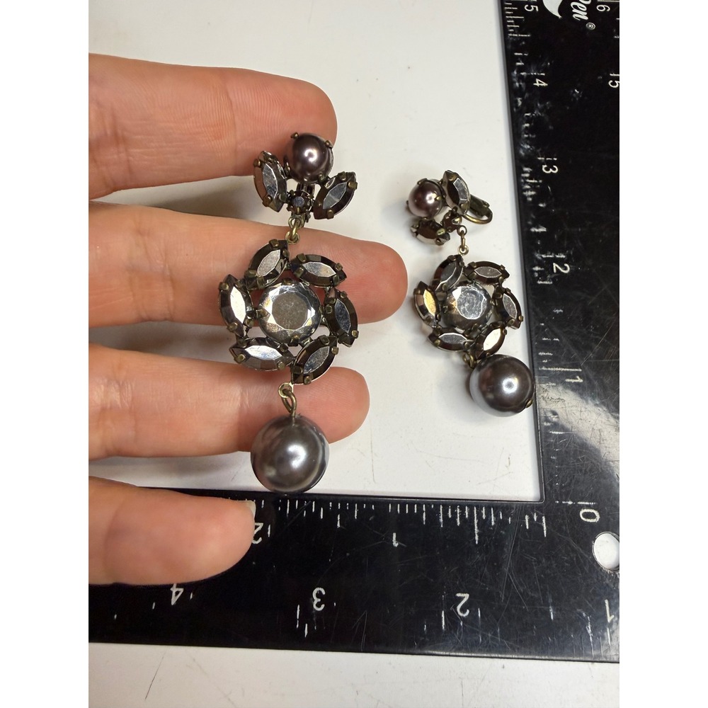 Avon Grey Faux Pearl Smoky Rhinestone Gunmetal Clip On Drop Earrings Statement